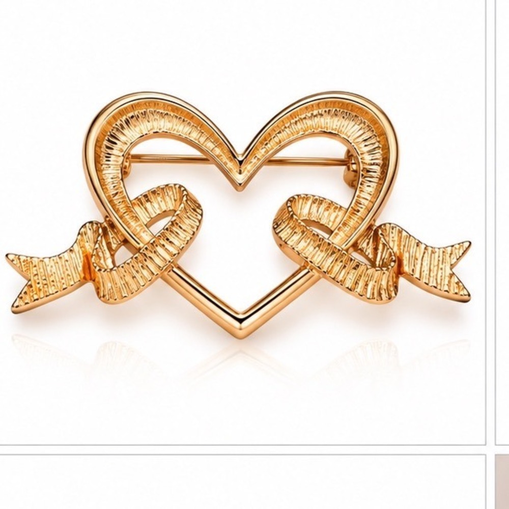 Heart Ribbon Brooch Romantic Textured Open Frame Love Valentines Day Pin